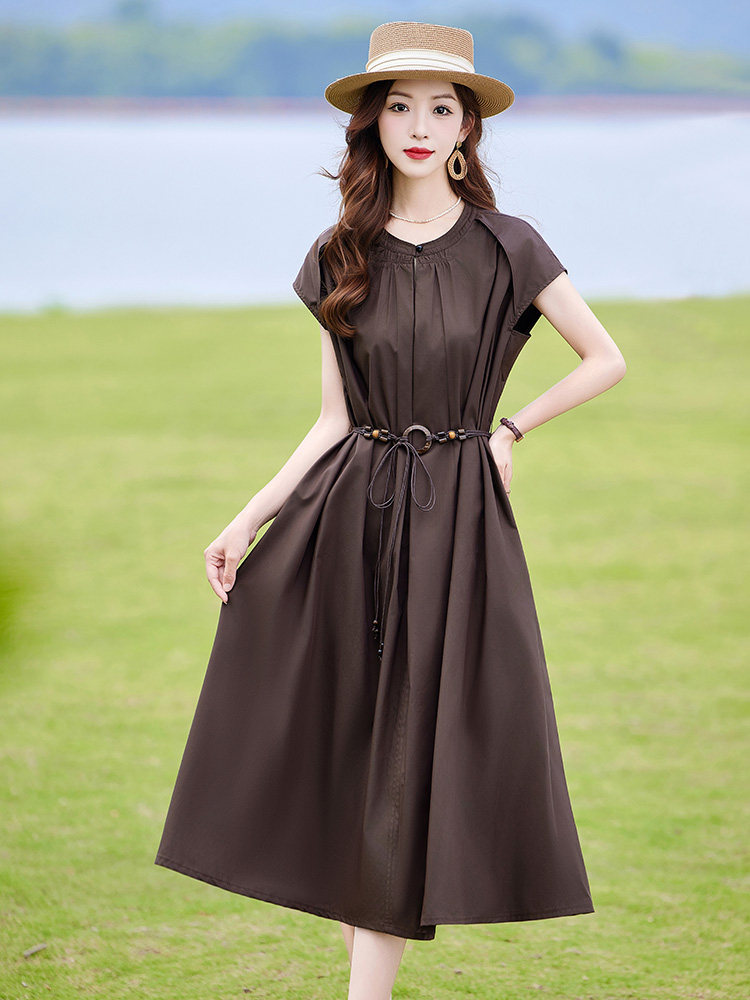 天丝棉连衣裙女夏轻奢高级感时尚洋气收腰遮肚子减龄显瘦衬衫裙子,女装连衣裙,靓衣阁
