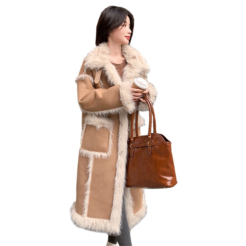 高级感皮毛一体外套女中长款2024冬季新款厚实减龄仿羊羔毛大衣,女装羊羔毛/颗粒绒,韩蜜菓