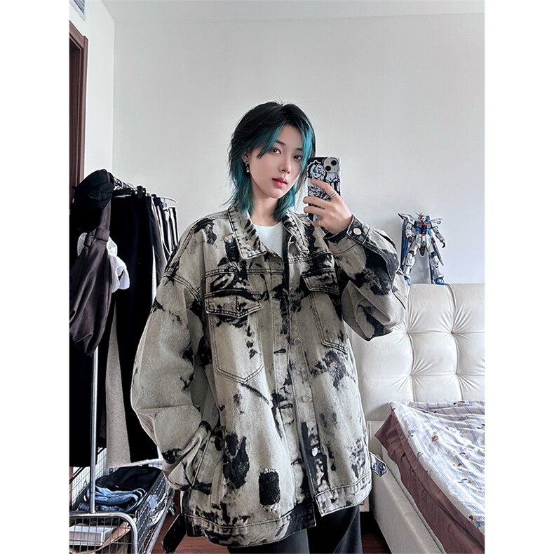 现货5千件男女美式牛仔外套春秋扎染破坏牛仔衣高街夹克NT521P75,男装工装外套,星座301D-2(原星座1004-1）