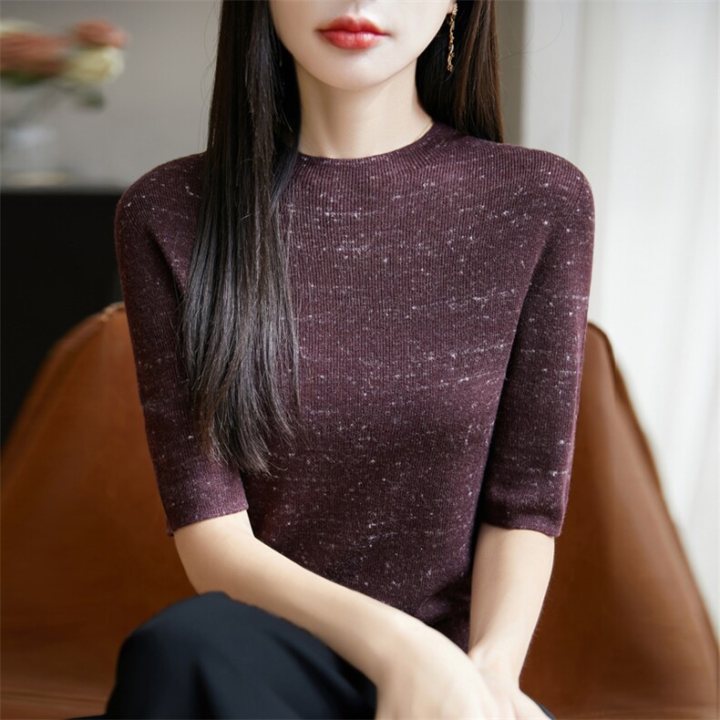 夏季薄款半高领针织短袖T恤打底衫女修身显瘦气质通勤毛衣内搭潮,女装T恤,东远绒业