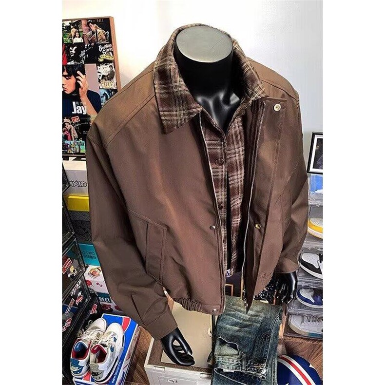 美式棕色飞行夹克男春潮牌格纹拼接翻领棒球服高街复古巴恩风外套,男装夹克,星座506A
