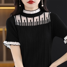优雅蕾丝边仿羊毛短袖针织衫精致半高领设计展现女性魅力，女装针织衫/毛衣，桦兴羊绒