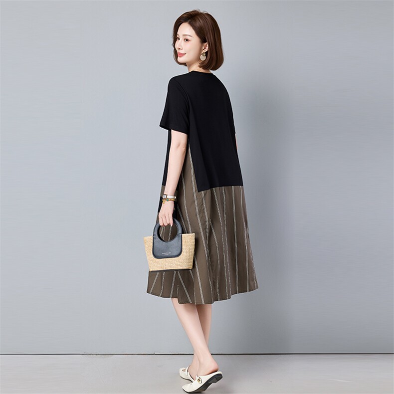 2025年夏季夏季偏薄超软优雅单件中长款短袖拼接设计连衣裙，女装连衣裙，秋牧寒烟