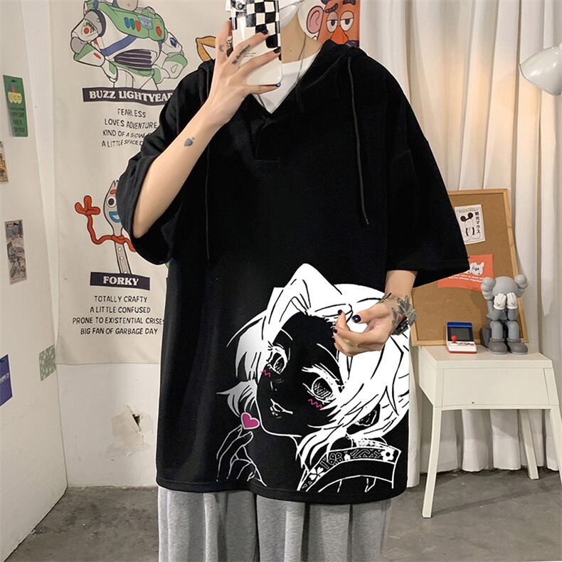 LD54153-P45连帽短袖t恤男大码胖子带帽五分袖中袖海报风,男装T恤,电商A040