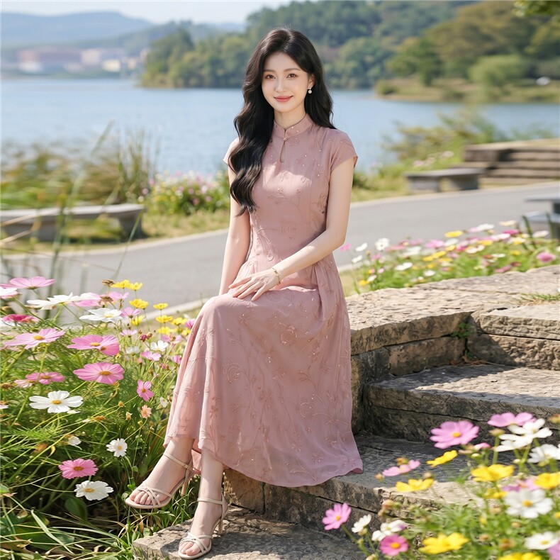 新中式刺绣连衣裙女夏新款收腰显瘦设计感度假风长裙子，女装连衣裙，水衣源