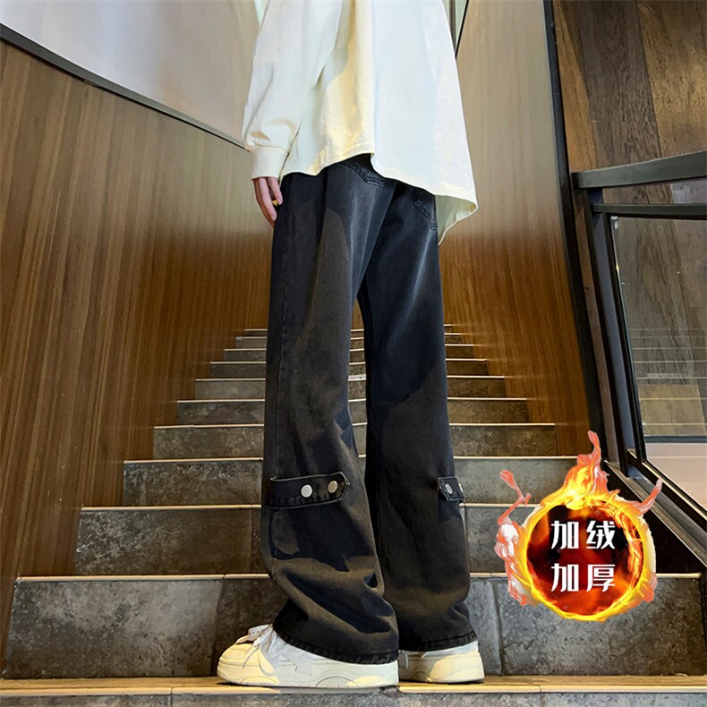 美式水洗vibe牛仔裤男秋冬加绒加厚高街复古cleanfit直筒宽松裤子图片