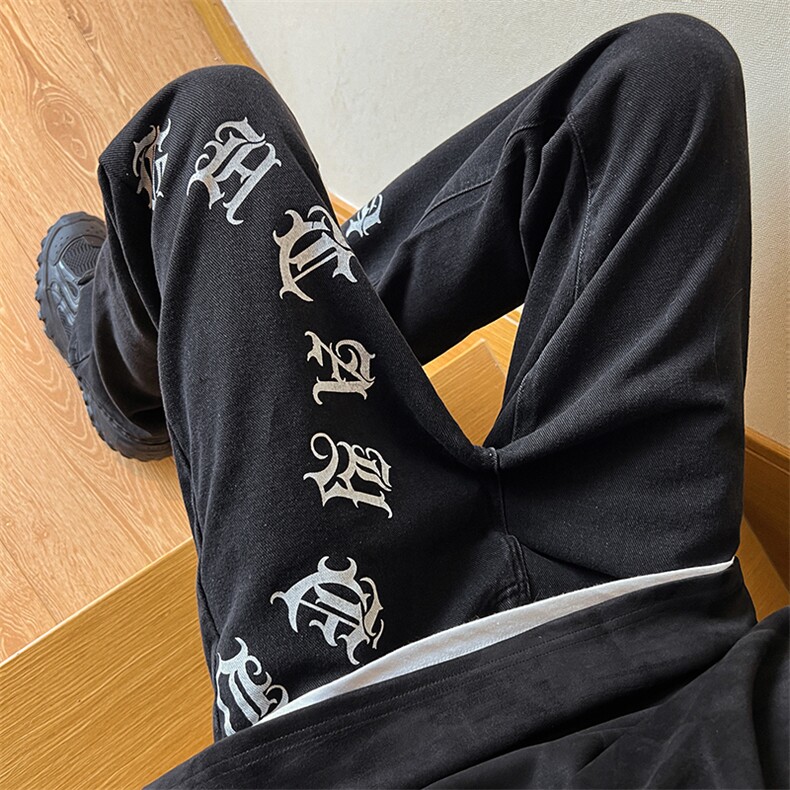 现货秋冬美式微喇叭vibe梵文牛仔裤嘻哈宽松百搭休闲裤男K606-P35图片