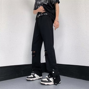 美式vibe裤子高街水洗牛仔裤纽扣开叉破洞牛仔裤N125P40图片