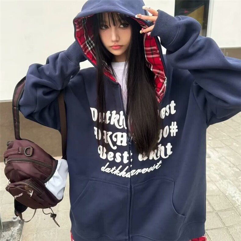 美式复古假两件男女格子拼接连帽卫衣秋季潮牌情侣外套,女装短外套,星座1210-1