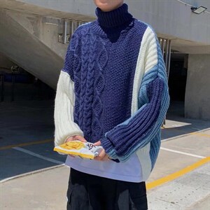 秋季日系潮牌高领针织衫毛衣男宽松撞色设计感休闲上衣  M166-P48图片