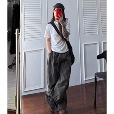 青少年美式复古条纹慵懒宽松垂感休闲阔腿裤男女直筒高级感拖地裤，女装休闲裤，星座506A