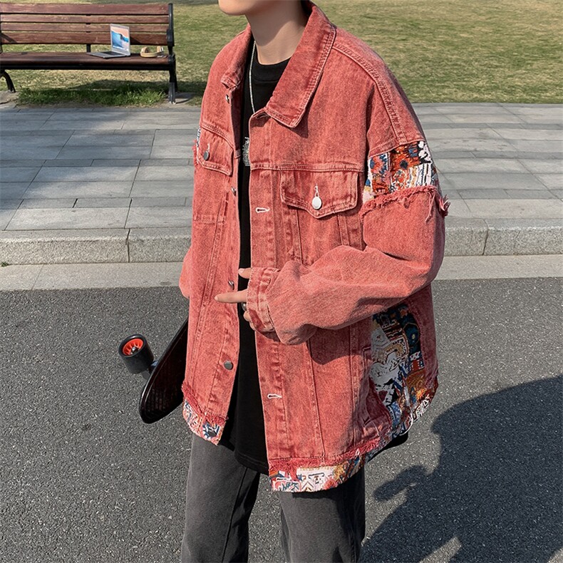 美式复古粉色水洗拼接牛仔外套男女古着情侣棒球服，女装职业装，星座410-7