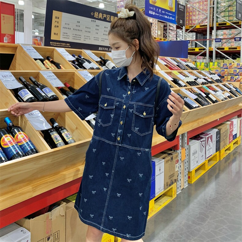 182-8568-P125-K188-设计感蓝色蝴蝶结印花牛仔连衣裙,女装连衣裙,帛香坊