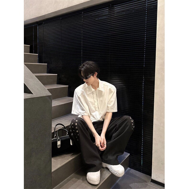 港风复古短袖衬衫男女夏季休闲别致正肩上衣小众设计感POLO领衬衣,男装衬衫,星座506A