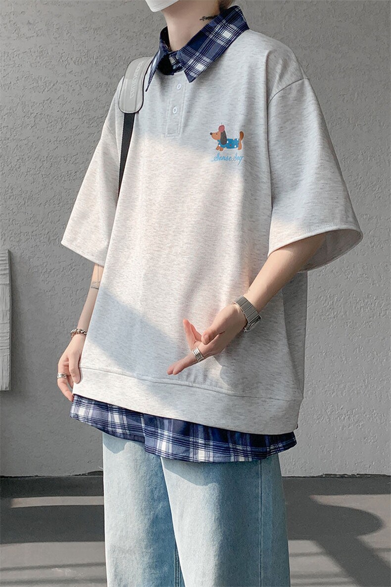 现货DX10119-特批30控68夏季新款大码假两件腊肠狗短袖T恤,男装T恤,电商A059