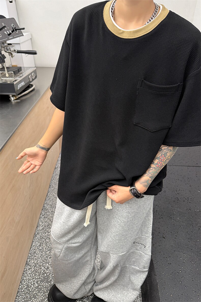 春夏韩系极简老钱风拼色阔版重磅短袖T恤男休闲短袖短袖撞色特P35,男装T恤,电商B319