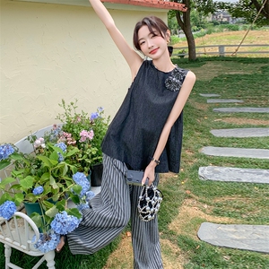 轻熟风韩系无袖上衣背心套装女夏新款高级感休闲条纹阔腿裤两件套图片