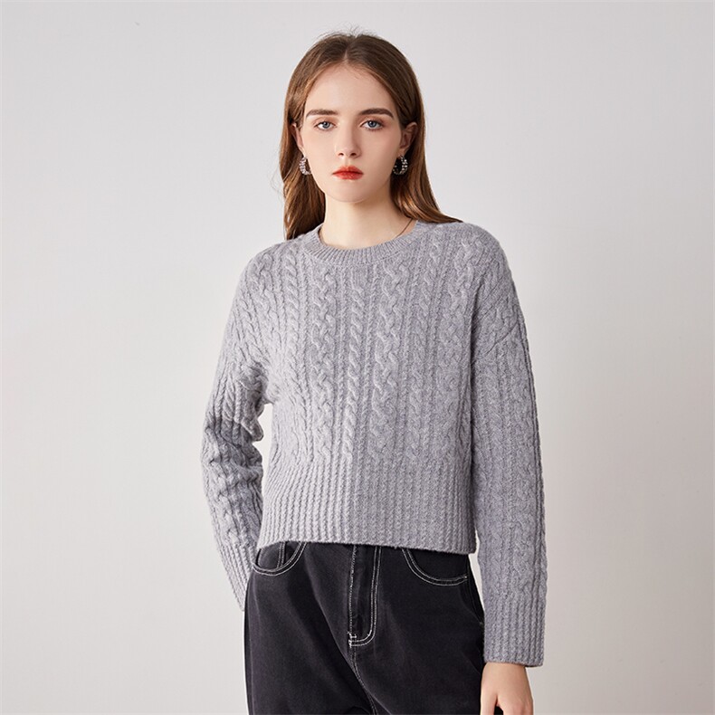 羊绒花纱圆领短款麻花2024年秋季长袖针织衫，女装羊绒衫，旭日羊绒