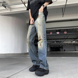 美式高街破洞做旧牛仔裤男女宽松直筒脏脏裤显瘦垂感长裤