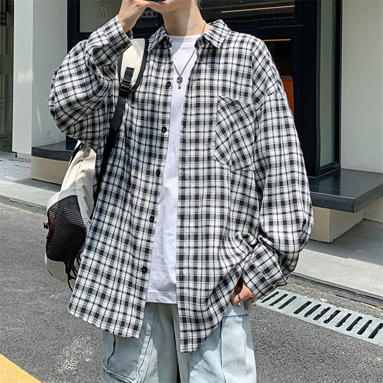 衬衫男秋季新款港风宽松磨毛格子长袖衬衣CS510-P38,男装衬衫,星座214-3
