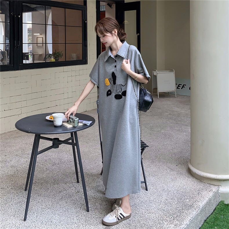 气质卡通小斑马设计polo连衣裙夏季2025复古减龄淡人宽松显瘦长裙,女装连衣裙,2D041