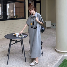气质卡通小斑马设计polo连衣裙夏季2025复古减龄淡人宽松显瘦长裙，女装连衣裙，2D041