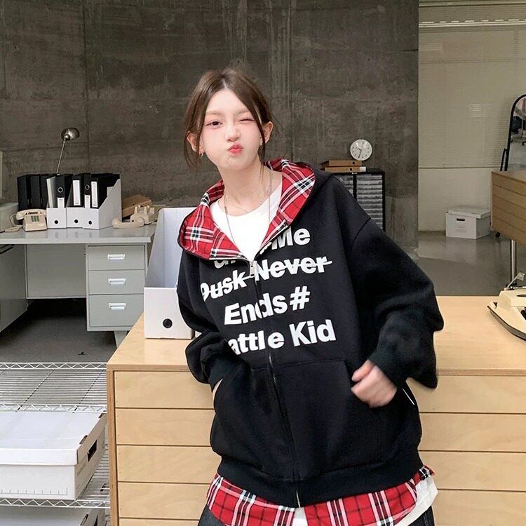 假两件拼接格子连帽卫衣外套女2025秋季新款春秋款美式情侣开衫秋，女装短外套，星座1210-1