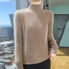 无缝一体针织衫女2025秋冬新款坑条半高领长袖针织打底内搭毛衣潮，女装羊绒衫，昭美羊绒