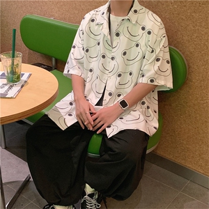ins趣味五分袖衬衫男港风潮牌宽松嘻哈青蛙印花上衣衬衣 W984-P30图片