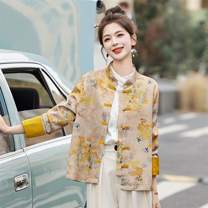 韩城.轻奢新中式碎花小外套复古风卷边宽袖女2025春盘扣上衣洋气u,女装短外套,牡丹诺