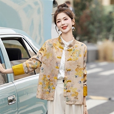 韩城.轻奢新中式碎花小外套复古风卷边宽袖女2025春盘扣上衣洋气u，女装短外套，牡丹诺