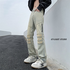 B221美式ins高街暗黑小众拉链破洞牛仔裤LK23052-P65控88，男装牛仔裤，电商B221