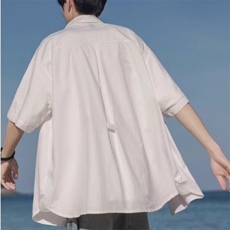 拼接设计清爽简约休闲日系风尖领男士短袖衬衫夏季宽松百搭寸衫潮,男装衬衫,星座506A