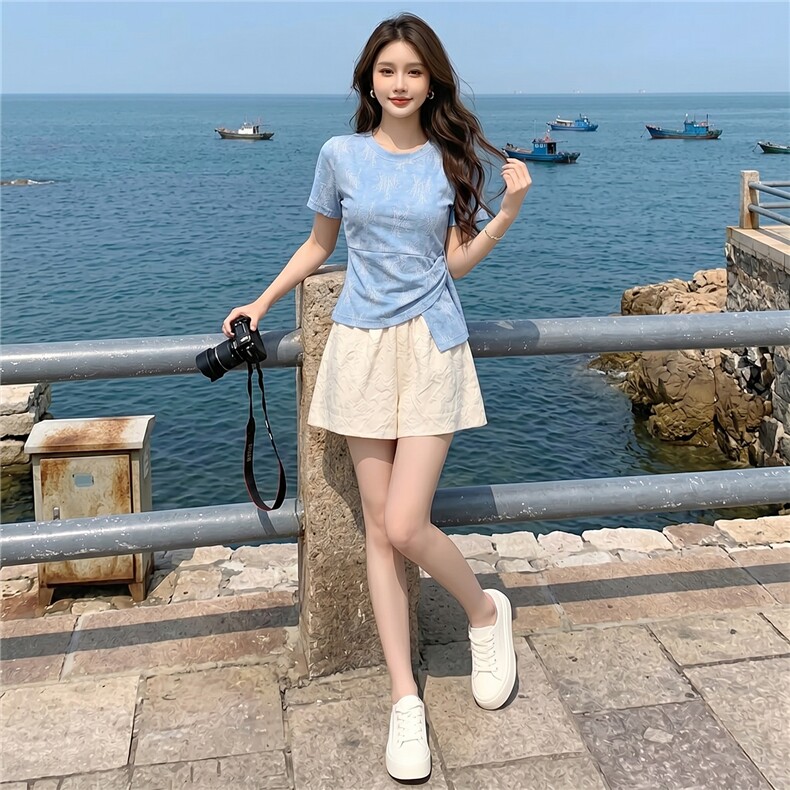 女夏新款时尚减龄套装圆领侧绑带晕染设计短袖上衣蕾丝短裤两件套，女装套装/套裙，江南