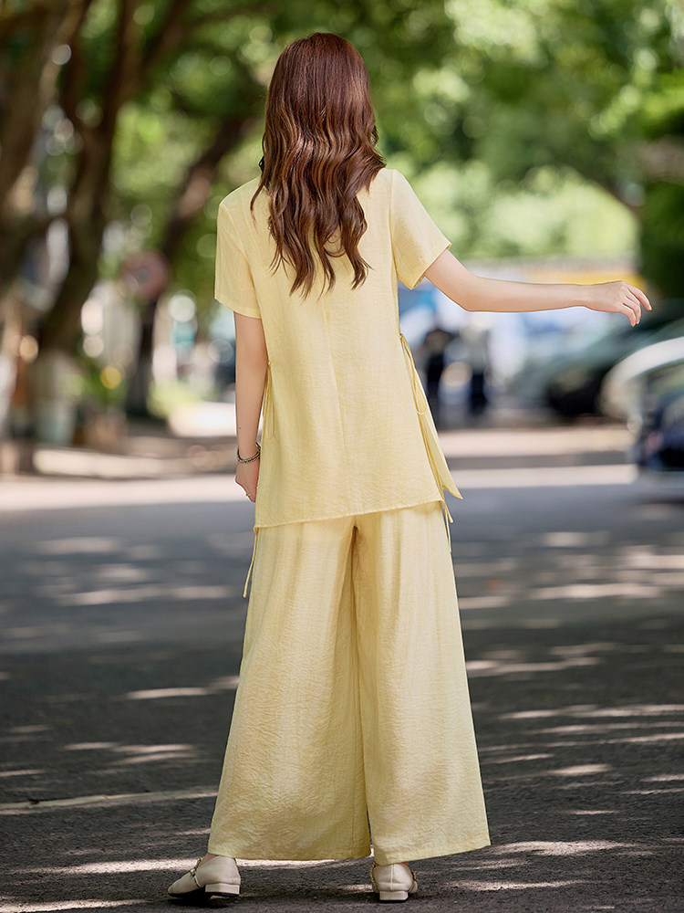 简约百搭新中式套装女2026夏季新款洋气减龄盘扣上衣阔腿裤两件套,女装套装/套裙,水衣源