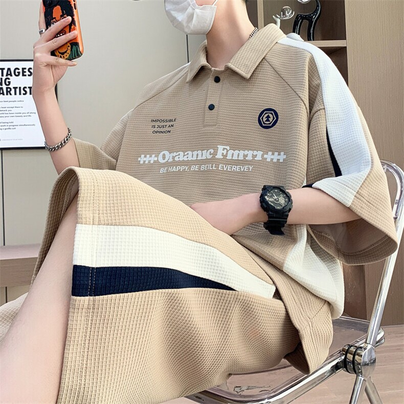 港风套装男宽松菠萝格冰丝青年翻领短袖T恤短裤两件套-JZ507-P53,男装牛仔裤,星座310B-3