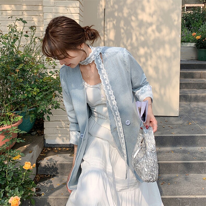 现货蕾丝拼接牛仔西装2531P145控218,女装短外套,2C201