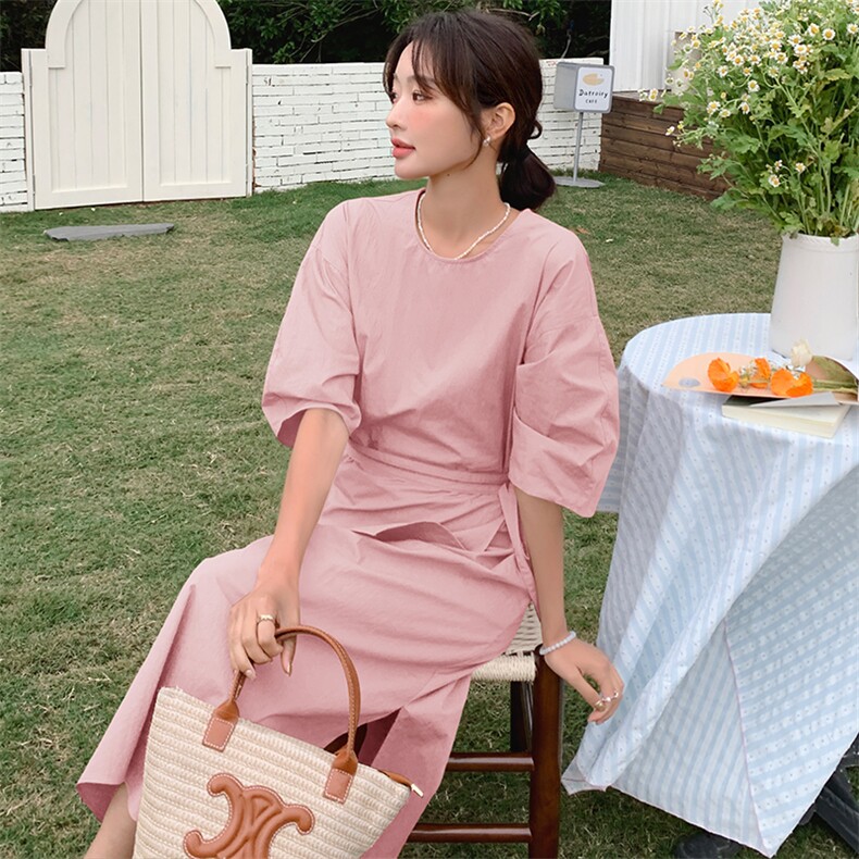 橘色轻熟风法式束腰衬衫连衣裙女夏2025新款高级感简约风开叉长裙,女装连衣裙,天使之佳话