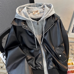 1506-1/J73171/P69荔枝纹皮衣夹克春款日系宽松休闲立领外套男女图片