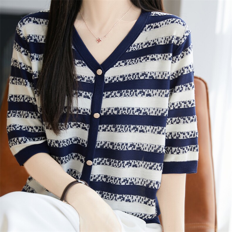 欧货条纹冰丝针织短袖套头T恤女2025夏新款设计感小众毛衣打底t恤,针织衫/毛衣,唐诺