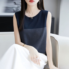 天丝亚麻针织吊带背心女2025夏内搭无袖简约条纹T恤圆领百搭上衣，女装T恤，朝思羊绒