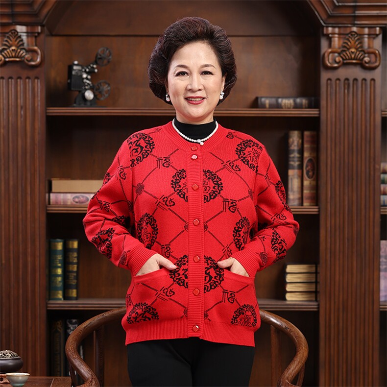 中老年女装开衫福字针织毛衣圆领羊毛衫爸爸妈妈喜庆老年情侣外套,男装中老年男装,亚东羊绒制品