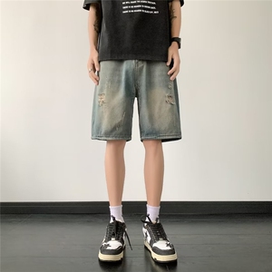 破洞牛仔短裤男夏季美式复古水洗宽松潮牌直筒五分裤DK0911-P35图片