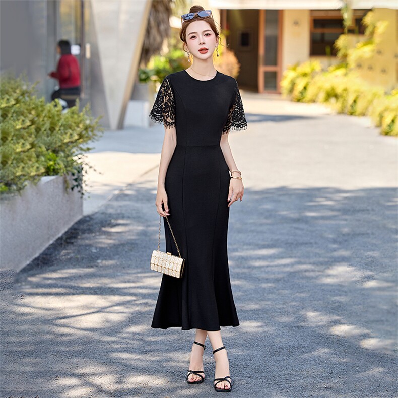 法式蕾丝拼接连衣裙女2025年夏装新款气质名媛修身黑色包臀鱼尾裙,女装连衣裙,布芭啦