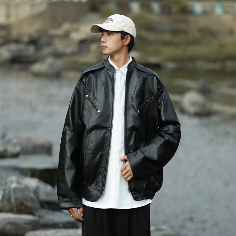 美式PU皮棒球服外套男痞帅穿搭秋冬2024设计感机车夹克W6120-P81,男装皮衣,星座412-2