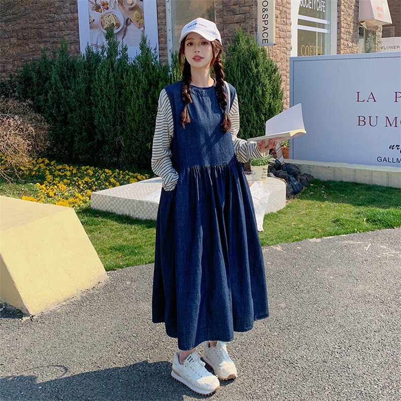 深蓝色韩系休闲连衣裙套装女2025春新款条纹T恤牛仔背心裙两件套,女装连衣裙,维壹