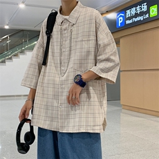 格子衬衫短袖夏季新款ins潮牌宽松休闲帅气五分袖男CS21-40送挂链，男装衬衫，星座1008