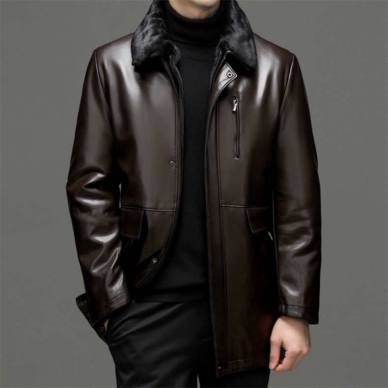 男士加绒加厚皮衣冬季新款修身商务休闲翻领可脱卸内胆夹克外套男，男装皮衣，电商B212（原钱塘6029）