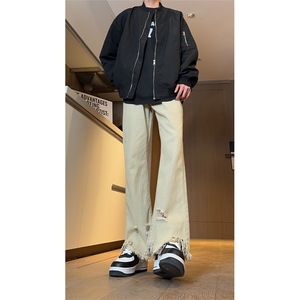 现货秋冬黄泥美式vibe裤高街黑色微喇直筒毛边牛仔裤男K890-P55,ins高街穿搭胖女生图片
