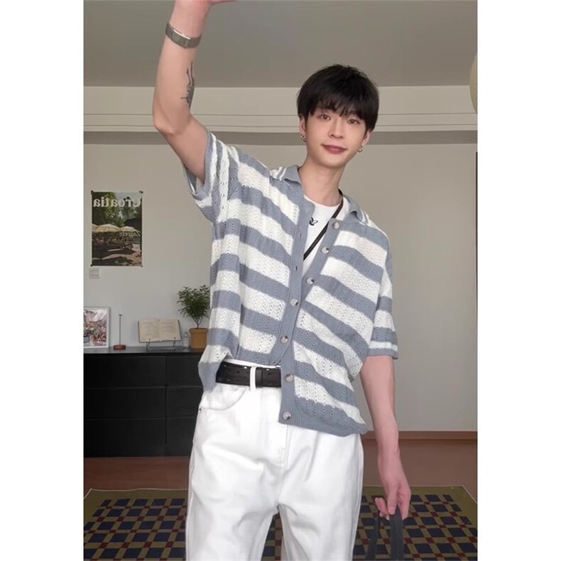纹针织短袖衬衫男夏美式宽松慵懒风t恤高级感半袖SWY63,男装针织衫/毛衣,星座516A